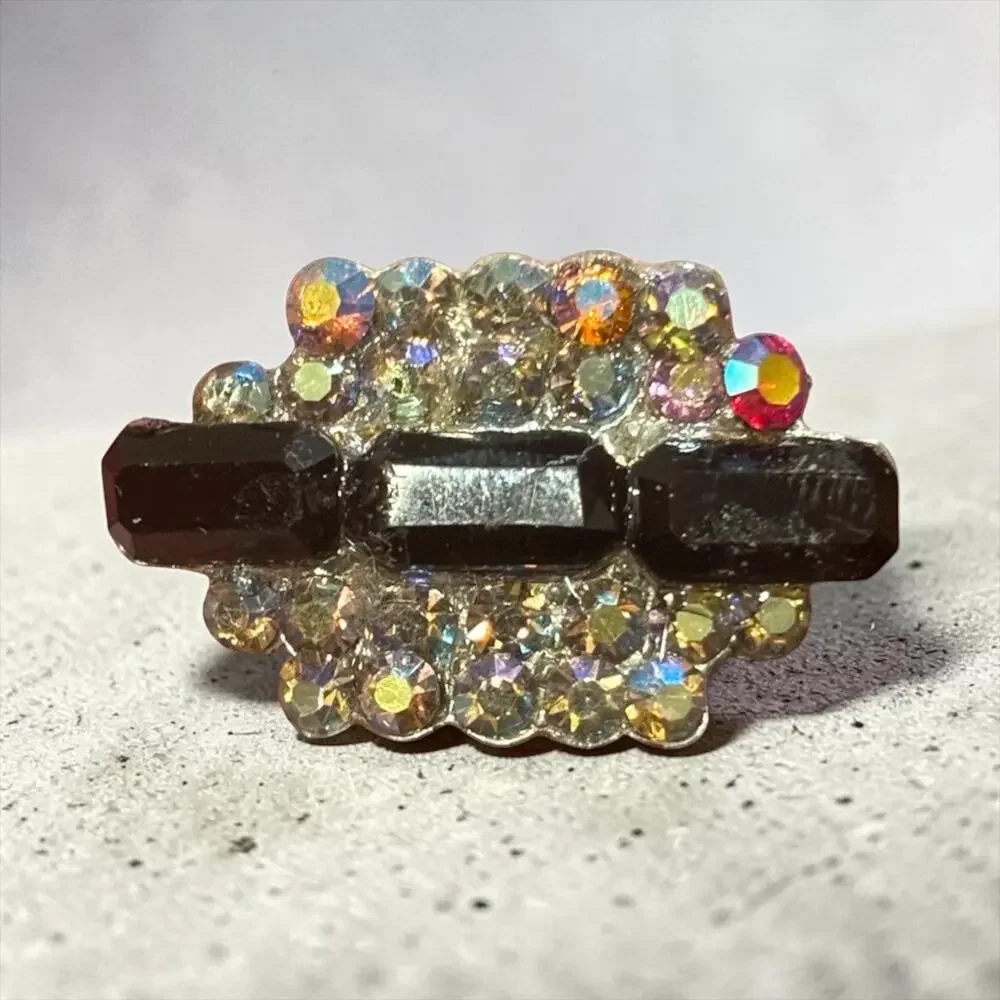 Vintage Aurora Borealis Rhinestone Bar Brooch Black Glass Atomic Mid Century